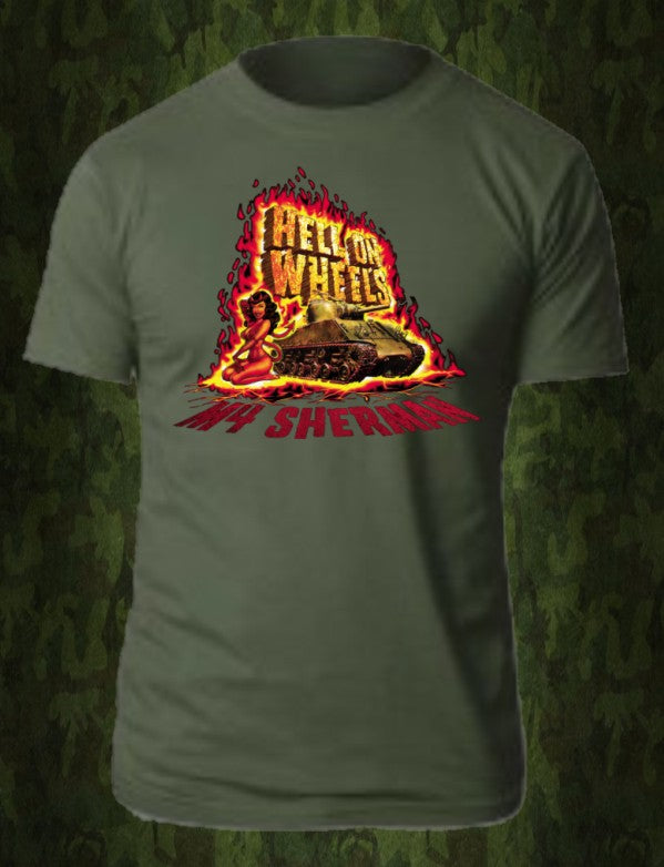 DGS Military HELL ON WHEELS M4 SHERMAN TANK T-SHIRT OLIVE