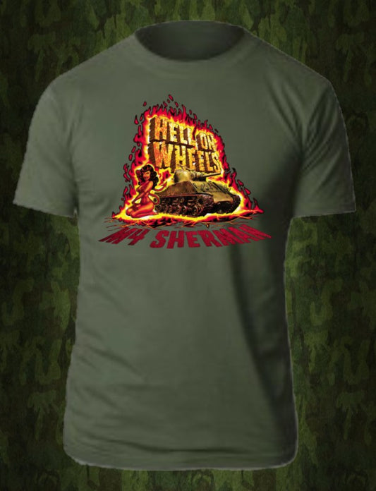 DGS Military HELL ON WHEELS M4 SHERMAN TANK T-SHIRT OLIVE