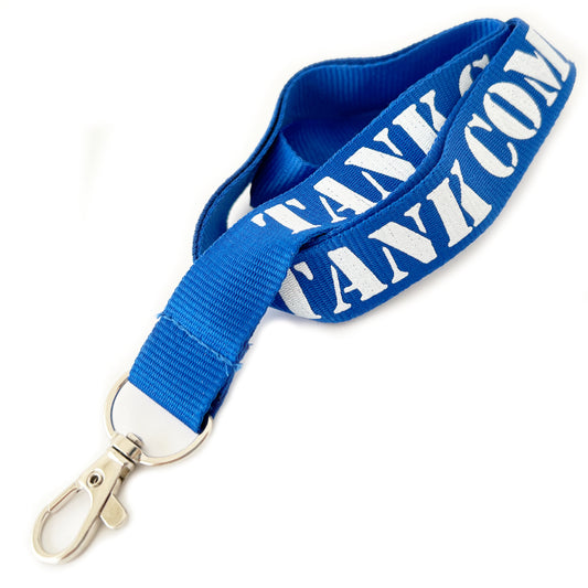 A blue polyester lanyard with white 'tank commander' text and a metal 'lobster claw' clip.