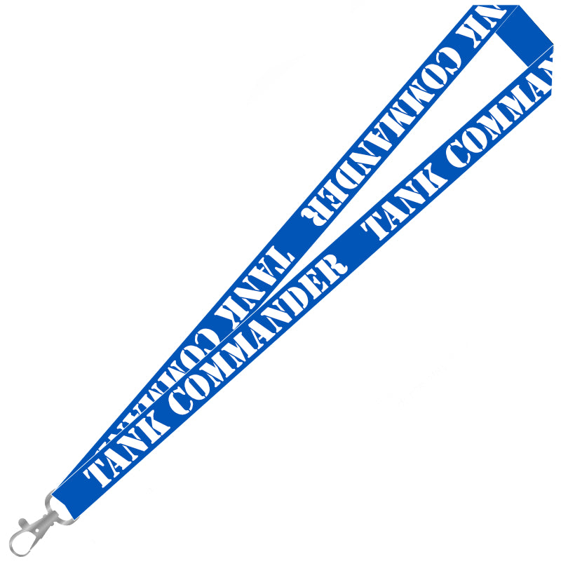 A blue polyester lanyard with white 'tank commander' text and a metal 'lobster claw' clip.