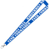 A blue polyester lanyard with white 'tank commander' text and a metal 'lobster claw' clip.
