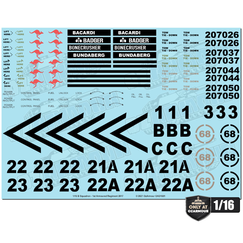 Decal Set For 1/16 Australian Army ADF M1A1 Abrams - B Squadron 1st Armoured Regiment 2017